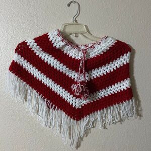 #7512 Girls Red and white Poncho hand made crochet size Small